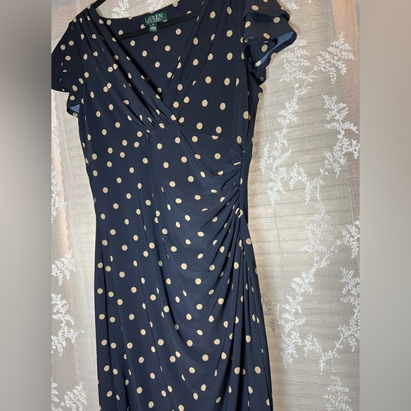 Lauren Ralph Lauren Polka Dot Midi Dress Ruched Wrap Style Navy Size 12 - Picture 3 of 11